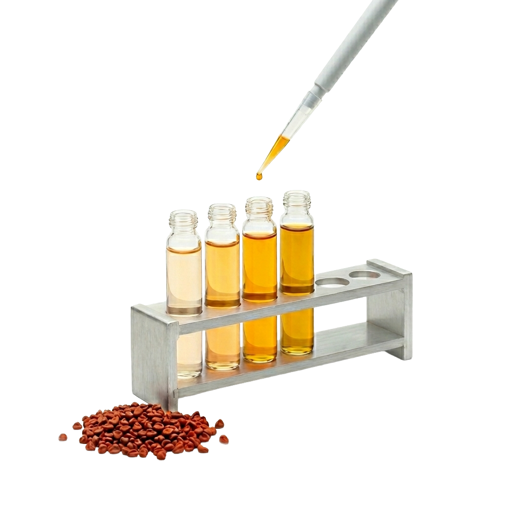 A studio-isolated composition on a white background featuring a pipette dispensing golden Annatto liquid into glass vials, next to a small pile of loose Annatto seeds at BioconColors.